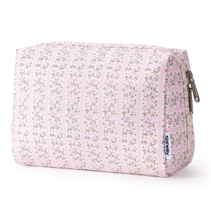 Narwey Cute Floral Makeup Bag Travel Cosmetic Bag Organizer Toiletry Bag Make Up Bags with Compartments for Women Girls (Pink Flower Buds, Large) - Image 1