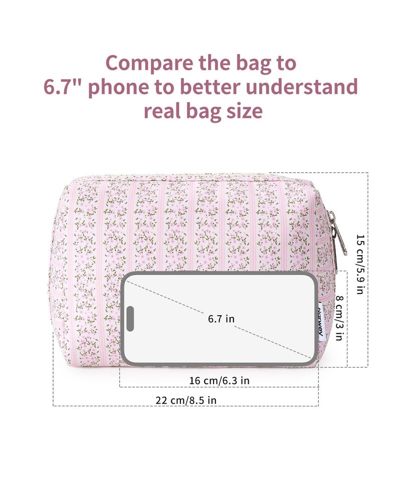 Narwey Cute Floral Makeup Bag Travel Cosmetic Bag Organizer Toiletry Bag Make Up Bags with Compartments for Women Girls (Pink Flower Buds, Large) - Image 4