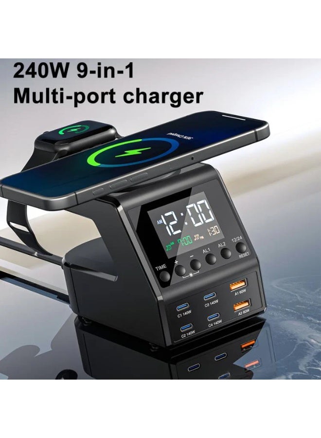 بلو فاير محطة شحن متعددة المنافذ 10 في 1 بقدرة 240 وات بتقنية GaN، شاحن مكتبي مع شاشة ساعة LED، منبه مزدوج، شحن لاسلكي للهاتف، شحن لاسلكي للساعة الذكية، منافذ USB-C و USB-A للشحن السريع، دعم PD3.1 و QC3.0 و PPS، ضوء ليلي قابل لتعديل السطوع، مثالية للمكتب وغرفة النوم - Image 5
