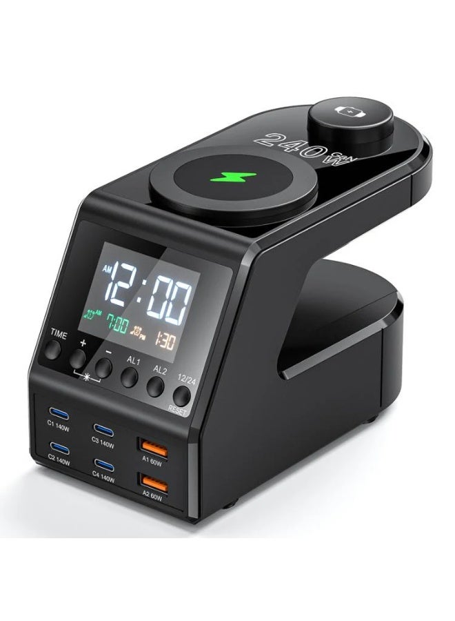 بلو فاير محطة شحن متعددة المنافذ 10 في 1 بقدرة 240 وات بتقنية GaN، شاحن مكتبي مع شاشة ساعة LED، منبه مزدوج، شحن لاسلكي للهاتف، شحن لاسلكي للساعة الذكية، منافذ USB-C و USB-A للشحن السريع، دعم PD3.1 و QC3.0 و PPS، ضوء ليلي قابل لتعديل السطوع، مثالية للمكتب وغرفة النوم - Image 1