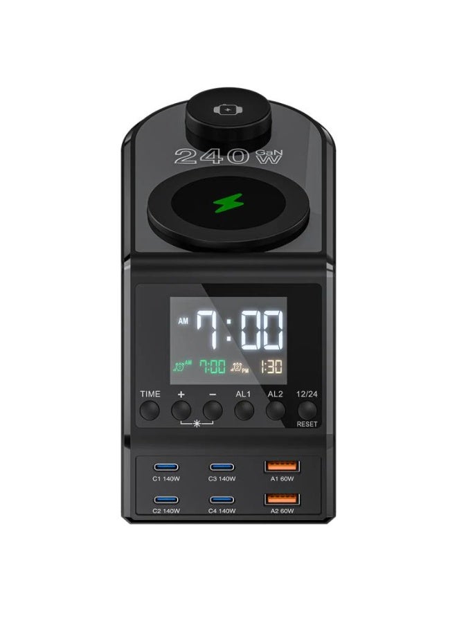 بلو فاير محطة شحن متعددة المنافذ 10 في 1 بقدرة 240 وات بتقنية GaN، شاحن مكتبي مع شاشة ساعة LED، منبه مزدوج، شحن لاسلكي للهاتف، شحن لاسلكي للساعة الذكية، منافذ USB-C و USB-A للشحن السريع، دعم PD3.1 و QC3.0 و PPS، ضوء ليلي قابل لتعديل السطوع، مثالية للمكتب وغرفة النوم - Image 3