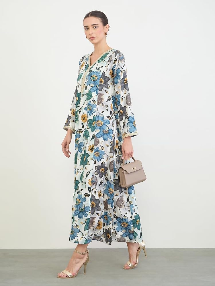 Styli Amirah Floral Print Jalabiya with Gold Lace Trim,Blue,S - Image 2