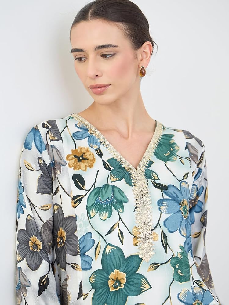 Styli Amirah Floral Print Jalabiya with Gold Lace Trim,Blue,S - Image 4