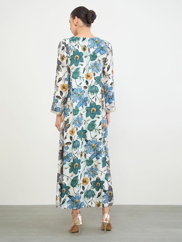 Styli Amirah Floral Print Jalabiya with Gold Lace Trim,Blue,S - Image 5