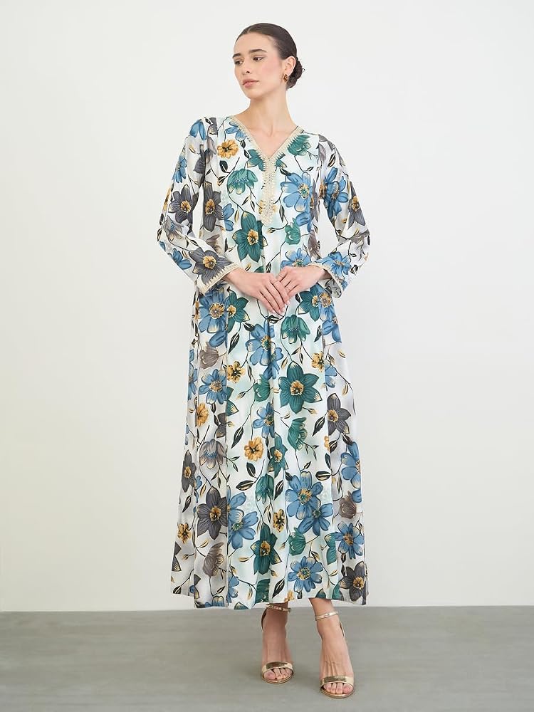 Styli Amirah Floral Print Jalabiya with Gold Lace Trim,Blue,S - Image 3