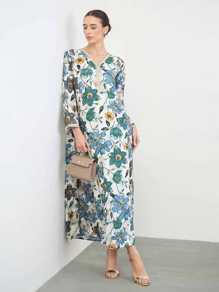 Styli Amirah Floral Print Jalabiya with Gold Lace Trim,Blue,S - Image 1