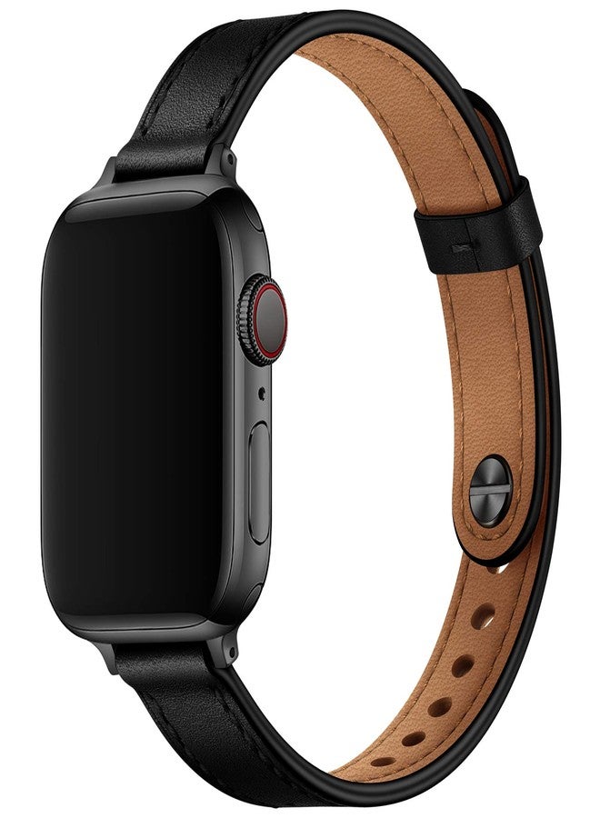 أساور OUHENG Slim متوافقة مع سوار ساعة Apple Watch مقاس 46 مم/49 مم/45 مم/44 مم/42 مم، سوار نسائي رفيع من الجلد الطبيعي لساعة iWatch Ultra 3/2/1، SE 3/2/1، Series 11 10 9 8 7 6 5 4 3 2 1 (أسود/أسود) - Image 1
