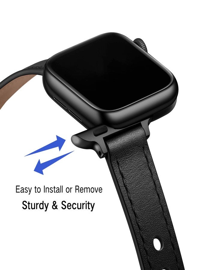 أساور OUHENG Slim متوافقة مع سوار ساعة Apple Watch مقاس 46 مم/49 مم/45 مم/44 مم/42 مم، سوار نسائي رفيع من الجلد الطبيعي لساعة iWatch Ultra 3/2/1، SE 3/2/1، Series 11 10 9 8 7 6 5 4 3 2 1 (أسود/أسود) - Image 4