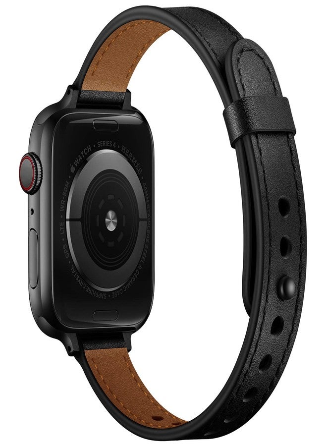 أساور OUHENG Slim متوافقة مع سوار ساعة Apple Watch مقاس 46 مم/49 مم/45 مم/44 مم/42 مم، سوار نسائي رفيع من الجلد الطبيعي لساعة iWatch Ultra 3/2/1، SE 3/2/1، Series 11 10 9 8 7 6 5 4 3 2 1 (أسود/أسود) - Image 2