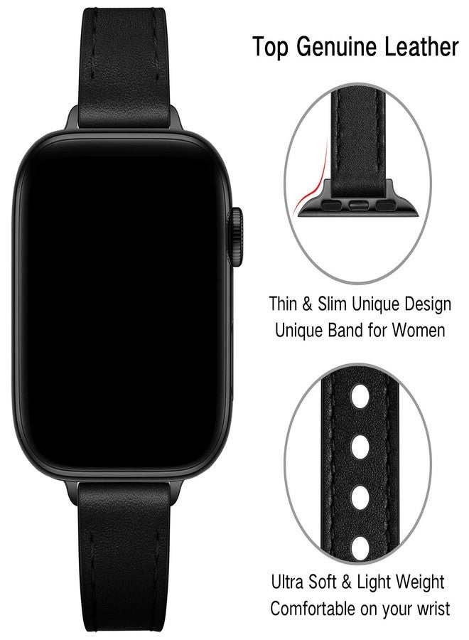 أساور OUHENG Slim متوافقة مع سوار ساعة Apple Watch مقاس 46 مم/49 مم/45 مم/44 مم/42 مم، سوار نسائي رفيع من الجلد الطبيعي لساعة iWatch Ultra 3/2/1، SE 3/2/1، Series 11 10 9 8 7 6 5 4 3 2 1 (أسود/أسود) - Image 3