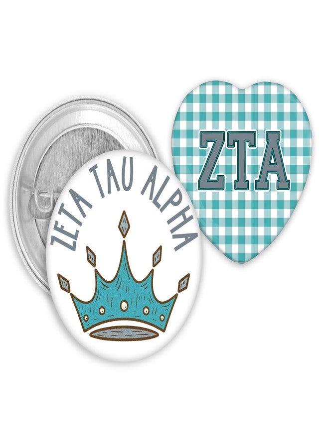 SCRAPHEART Zeta Tau Alpha 2-Pin Set, ZTA Sorority Spirit Bundle with Teal Crown Pin & Heart Gingham ZTA Letters Pin, Zeta Tau Alpha Bid Day, Game Day or Big Little Gift Pack - Image 1