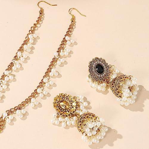 Chargances Indian Jhumka Jhumki Pearl Beaded Dangle Earrings Boho Black Crystal Drop Earrings Fashion Bollywood Stylish Gold Traditional Indian Jewelry for Women(Style 2) - Image 3