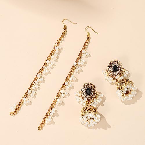 Chargances Indian Jhumka Jhumki Pearl Beaded Dangle Earrings Boho Black Crystal Drop Earrings Fashion Bollywood Stylish Gold Traditional Indian Jewelry for Women(Style 2) - Image 2