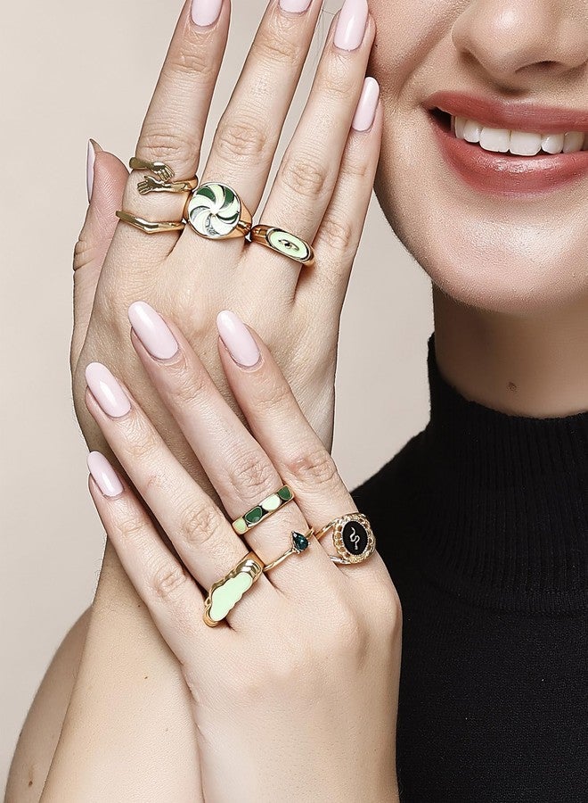 Karatcart Elegant Gold Plated 8 Rings Set Featuring Green Artistic Enamel Work and Statement Motifs for Women and Girls - Image 2