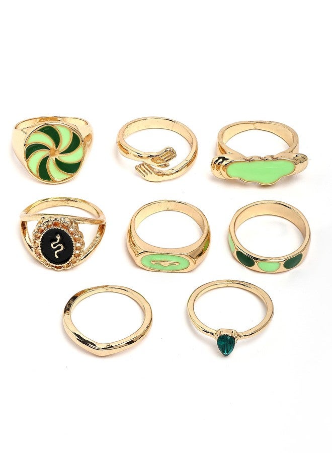 Karatcart Elegant Gold Plated 8 Rings Set Featuring Green Artistic Enamel Work and Statement Motifs for Women and Girls - Image 1
