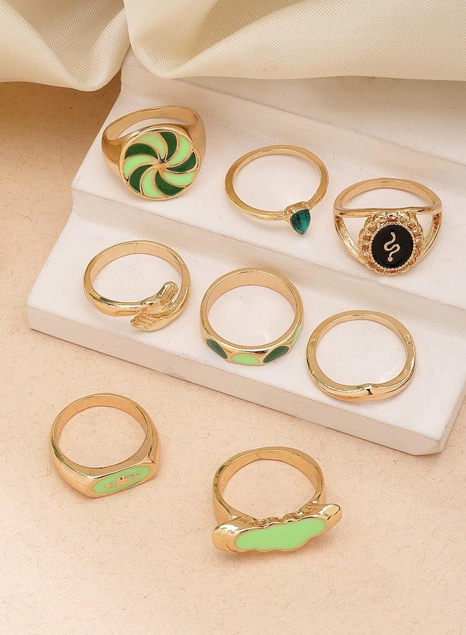 Karatcart Elegant Gold Plated 8 Rings Set Featuring Green Artistic Enamel Work and Statement Motifs for Women and Girls - Image 4