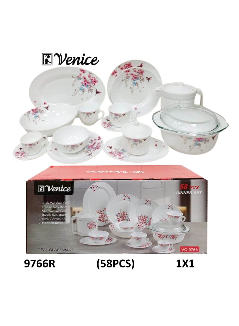 Venice 58-Piece Opal Dinnerware Set – Elegant Floral Design Plates, Bowls & Serving Pieces for Dining and Entertaining