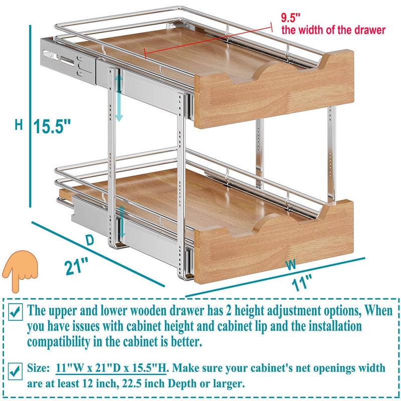 OCG Pull Out Cabinet Organizer 11" W x 21" D, 2 Tier Slide Out Shelf, Heavy-Duty Pull Out Drawer for Cabinets, Base Cabinet Organization for Kitchen, Pantry, Bathroom - Image 2