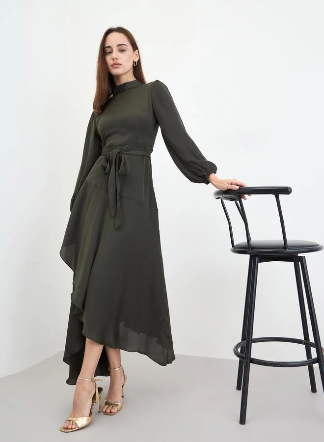 ستايلي فستان طويل زيتي بأكمام طويلة وحافة واسعة