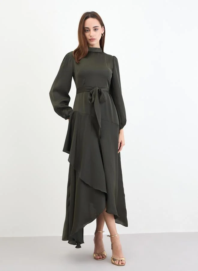 ستايلي فستان طويل زيتي بأكمام طويلة وحافة واسعة