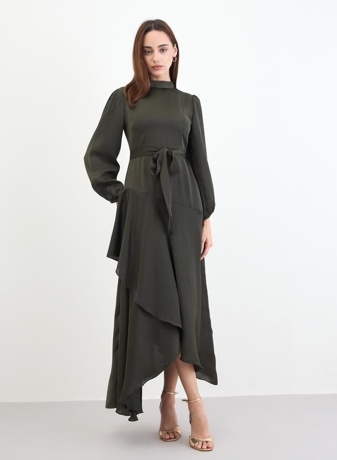 ستايلي فستان طويل زيتي بأكمام طويلة وحافة واسعة - Image 2