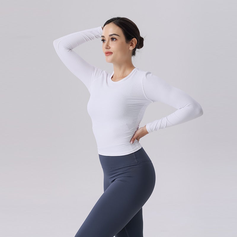 New Spring and Autumn Yoga Top Sportswear Round Neck Rib Long Sleeve Slim-Fit Moisture Wicking Outdoor Cycling and Running - Image 4