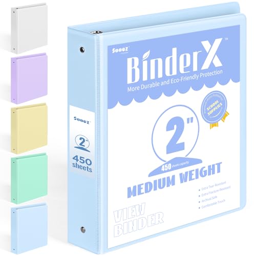 Sooez BinderX Extra Durable 3 Ring Binder Round Ring 2 Inch Binders Fits 450 Sheets of 85x11 Paper Customizable View Cover with Inside Pockets Cute 2 Binder School Supplies for Girls Blue - Image 1