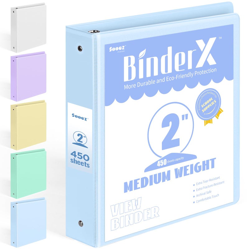 Sooez BinderX Extra Durable 3 Ring Binder Round Ring 2 Inch Binders Fits 450 Sheets of 85x11 Paper Customizable View Cover with Inside Pockets Cute 2 Binder School Supplies for Girls Blue - Image 2
