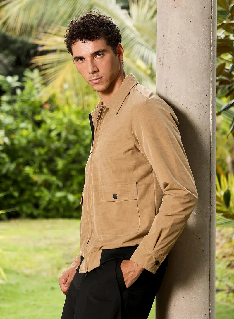 CAHOOT  Men's Camel Beige Zip-Front Geometric-Jacquard Jacket for Men | Best Price UAE