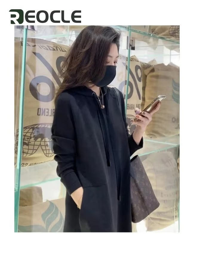 ريوكل تنورة طويلة بقلنسوة كبيرة الحجم مع قبعة بأكمام طويلة فستان كاجوال كوري ضيق على الطراز الكوري للنساء أسود  - Image 2