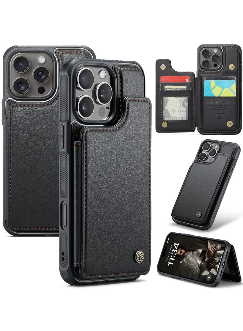 CaseMe Wallet Case for iPhone 16 Pro Premium Handmade Durable PU Leather Slim Shockproof Case with [Double Magnetic Clasp] [Card Holder] [Kickstand] [RFID Blocking] (Black) - Image 1