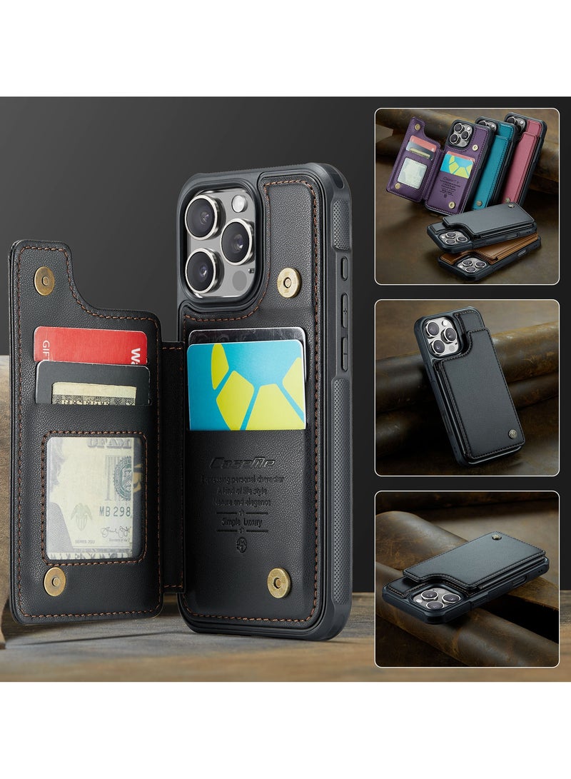 CaseMe Wallet Case for iPhone 16 Pro Premium Handmade Durable PU Leather Slim Shockproof Case with [Double Magnetic Clasp] [Card Holder] [Kickstand] [RFID Blocking] (Black) - Image 2