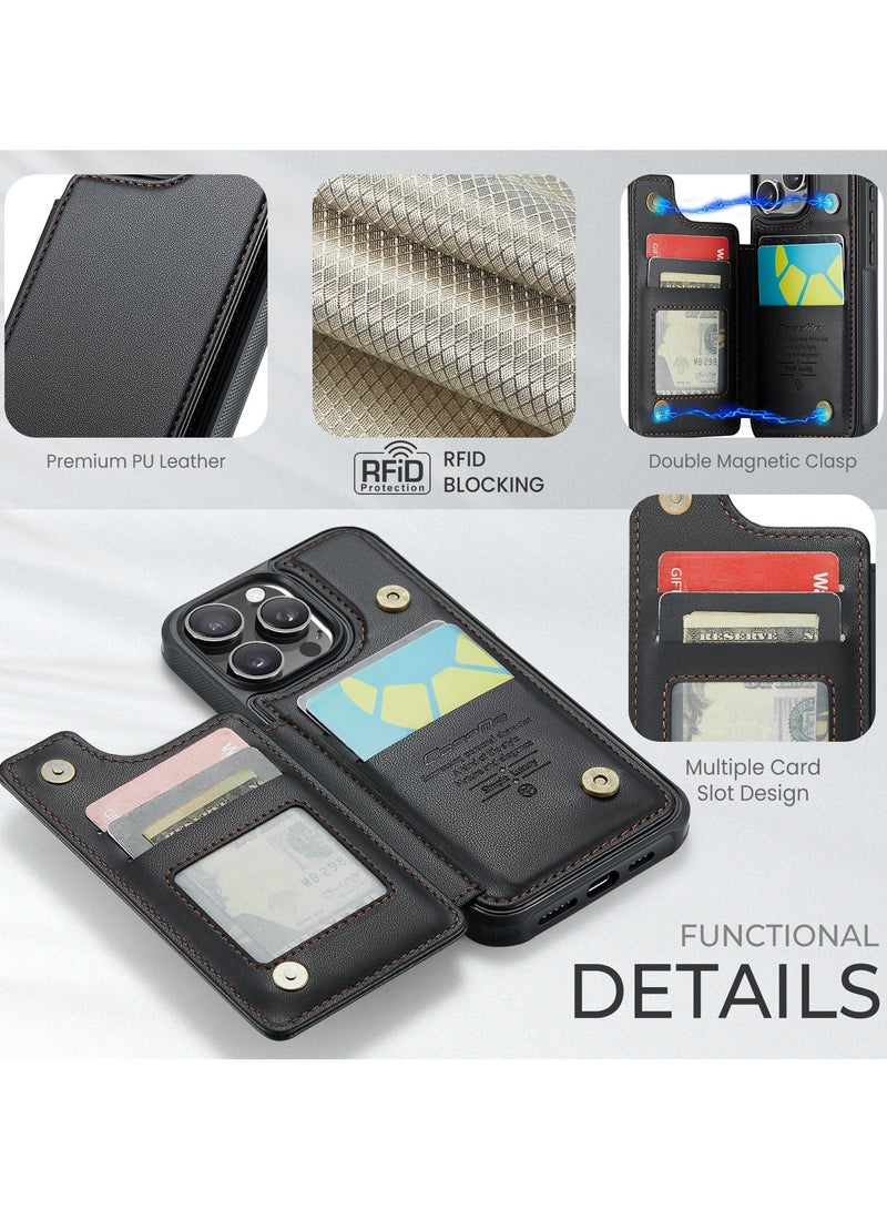 CaseMe Wallet Case for iPhone 16 Pro Premium Handmade Durable PU Leather Slim Shockproof Case with [Double Magnetic Clasp] [Card Holder] [Kickstand] [RFID Blocking] (Black) - Image 3