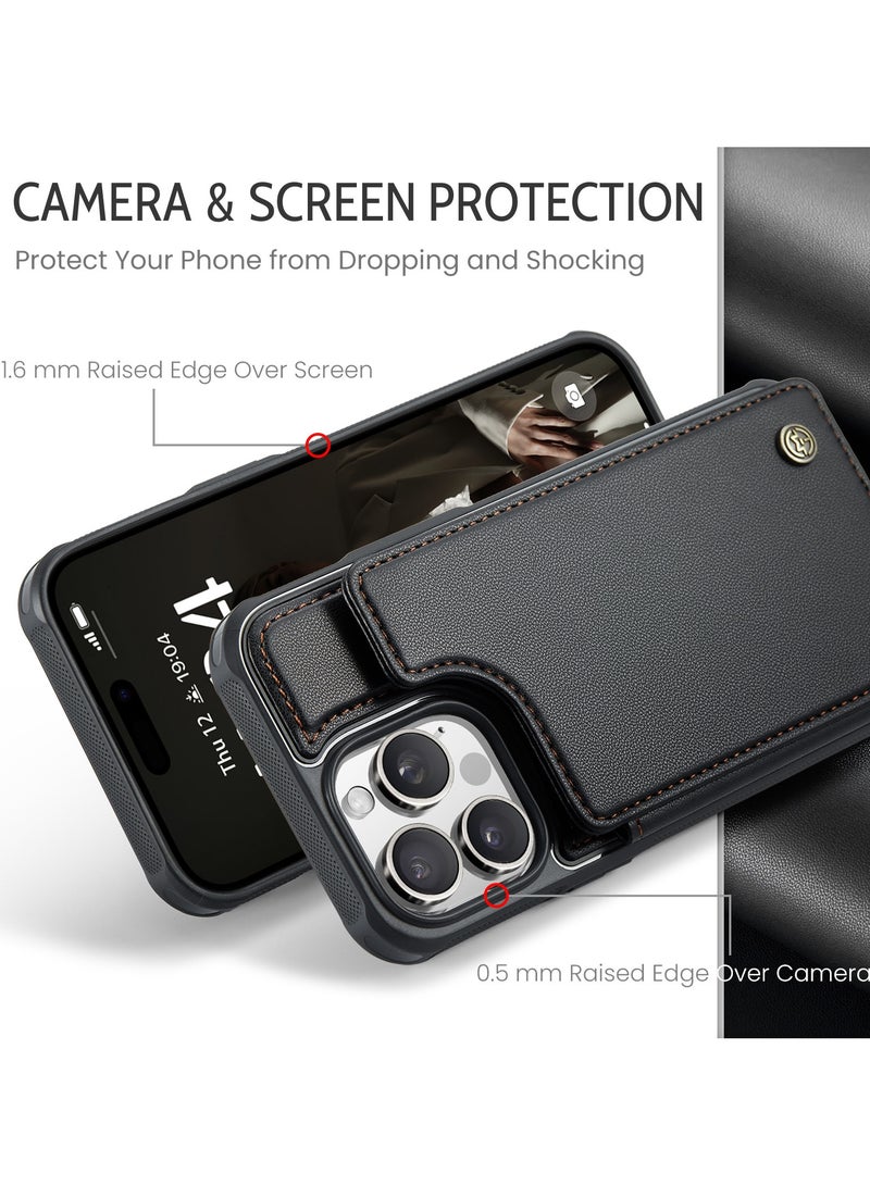 CaseMe Wallet Case for iPhone 16 Pro Premium Handmade Durable PU Leather Slim Shockproof Case with [Double Magnetic Clasp] [Card Holder] [Kickstand] [RFID Blocking] (Black) - Image 4