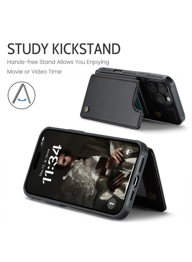 CaseMe Wallet Case for iPhone 16 Pro Premium Handmade Durable PU Leather Slim Shockproof Case with [Double Magnetic Clasp] [Card Holder] [Kickstand] [RFID Blocking] (Black) - Image 5