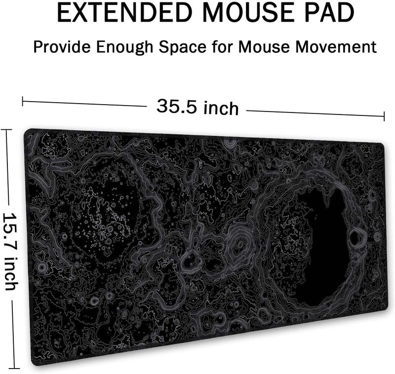 SSOIU Moon Topographic Map Extended Mouse Pad, XXL Gaming Mouse Pads, Large Big Mousepad Laptop Computer Keyboard Mat Desk Pad with Non-Slip Base Stitched Edge for Gaming Office, 35.5 x 15.7 inch - Image 2