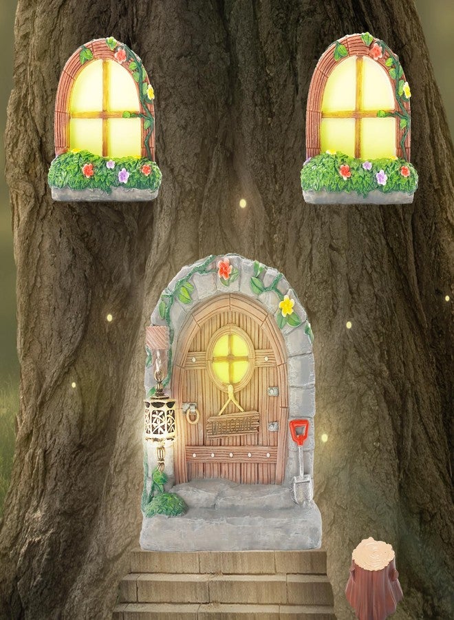 Exasinine Fairy Garden Door Accessories Fairy Door and Windows Tree Stump for Trees Glow in The Dark Miniature Fairy Doors for Tree Stump Decor Fairy House Kit with Fairy Lantern - Image 2