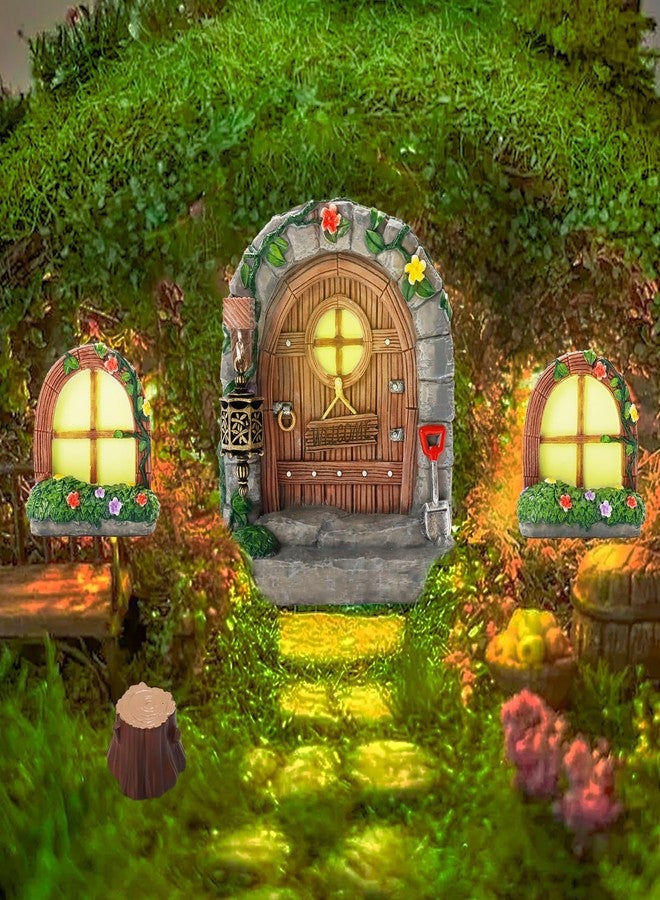 Exasinine Fairy Garden Door Accessories Fairy Door and Windows Tree Stump for Trees Glow in The Dark Miniature Fairy Doors for Tree Stump Decor Fairy House Kit with Fairy Lantern - Image 1