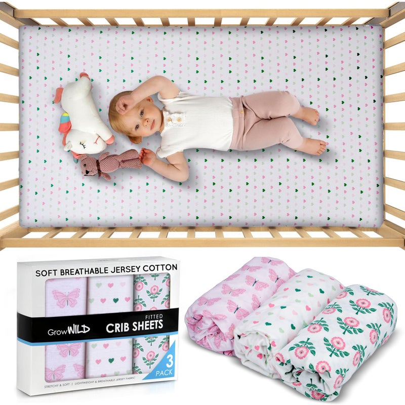 GrowWILD GROW WILD Crib Sheets 3 Pack - Soft & Stretchy Jersey Cotton Fitted Baby Crib Sheets for Girls, Cute Toddler Bed Sheets for Baby Girl (Hearts & Flowers) - Image 2