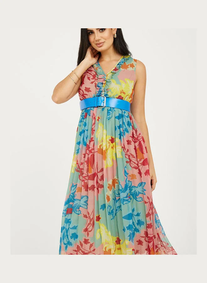Styli Sleeveless Floral Pleated A-Line Midi Dress with Belt
