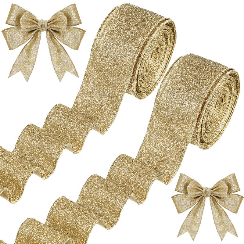 Juinte 2 Roll 20 Yards Christmas Ribbon Wired Glitter Thick Ribbon Metallic Wired Ribbon Gift Wrapping Christmas Tree Ribbon for DIY Crafts Xmas Party Wrapping Decorations Champagne Gold 15 Inch