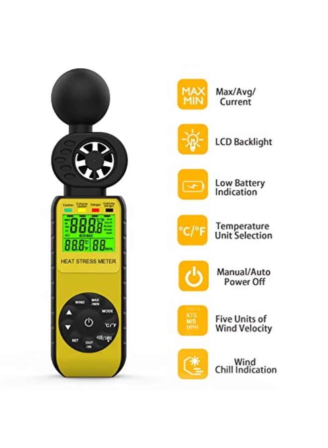WapoRich 3 in1 Digital Wind Speed Meter with WBGT Alarm Anemometer Temperature (℃/℉) Measures Wind Speed/Humidity for Drone Flying, Hunting, Sailing,Yellow RQ-881W - Image 3