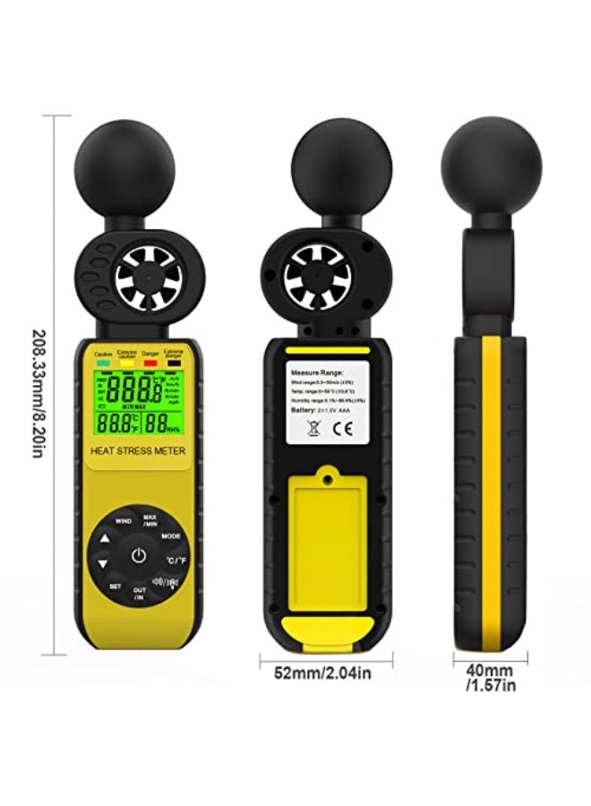 WapoRich 3 in1 Digital Wind Speed Meter with WBGT Alarm Anemometer Temperature (℃/℉) Measures Wind Speed/Humidity for Drone Flying, Hunting, Sailing,Yellow RQ-881W - Image 5