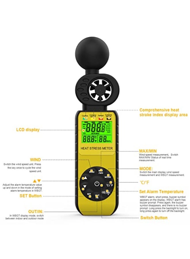 WapoRich 3 in1 Digital Wind Speed Meter with WBGT Alarm Anemometer Temperature (℃/℉) Measures Wind Speed/Humidity for Drone Flying, Hunting, Sailing,Yellow RQ-881W - Image 4