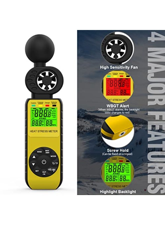 WapoRich 3 in1 Digital Wind Speed Meter with WBGT Alarm Anemometer Temperature (℃/℉) Measures Wind Speed/Humidity for Drone Flying, Hunting, Sailing,Yellow RQ-881W - Image 2