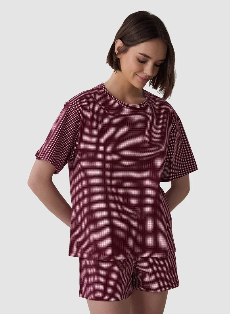Penti Freya Plaid Cotton Crew Neck Short Sleeve Shorts Pyjamas Set