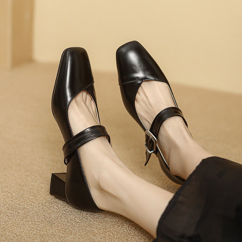 Wish 2024 Spring Fashion Mid-Heel Women'S Shoes 31-43 Solid Color Buckle Shallow Mouth Single Shoes - Image 3