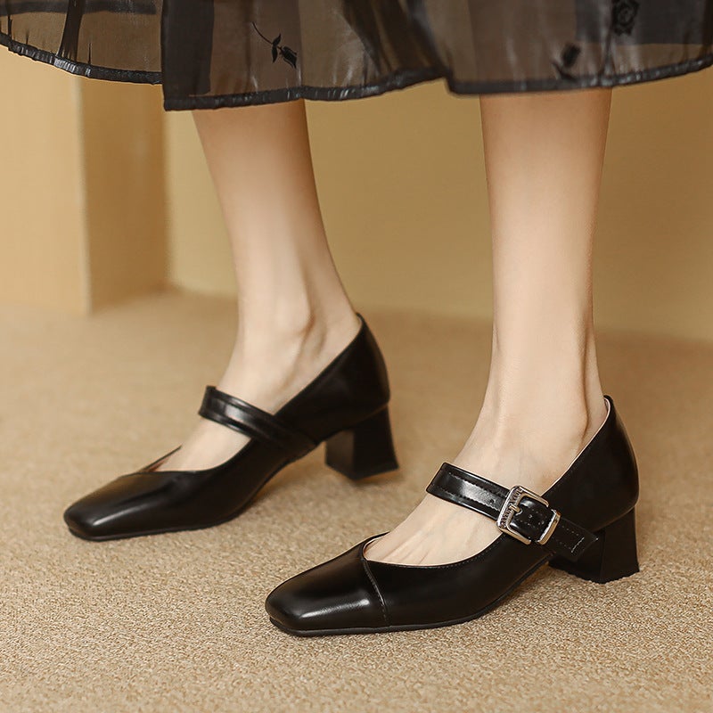 Wish 2024 Spring Fashion Mid-Heel Women'S Shoes 31-43 Solid Color Buckle Shallow Mouth Single Shoes - Image 2