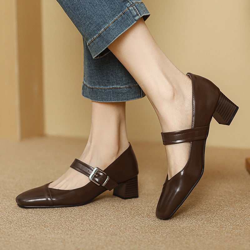 Wish 2024 Spring Fashion Mid-Heel Women'S Shoes 31-43 Solid Color Buckle Shallow Mouth Single Shoes - Image 4