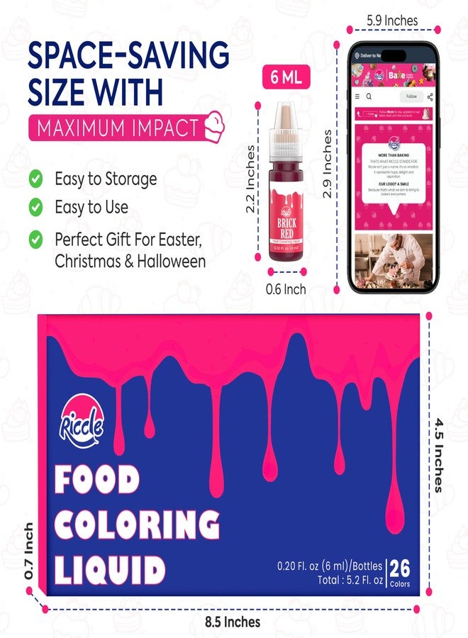 Riccle Food Coloring for Baking - 26 Bright Food Coloring Liquid Set for Cake decorations - 0.20 Fl. Oz (6 ml) / Bottle x 26 Food Dye for Icing, Christmas Cookie decorating Supplies Baking Supplies - Image 5